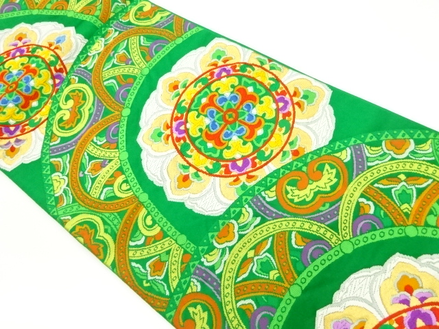 7010979: JAPANESE KIMONO / VINTAGE FUKURO OBI / WOVEN FLOWER CREST
